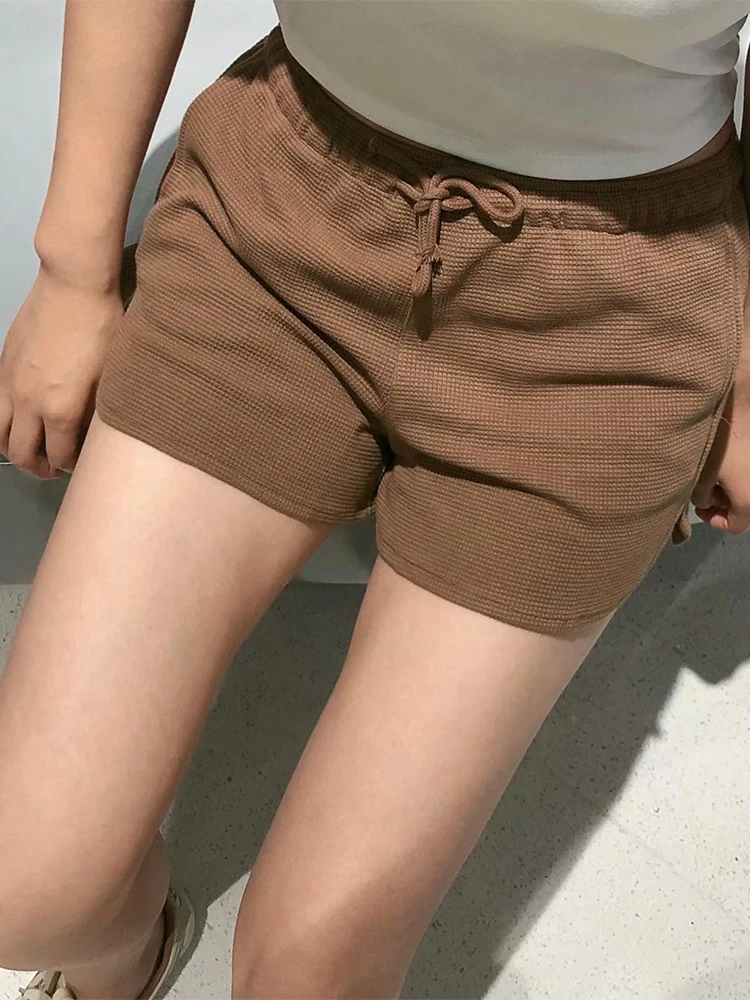 Women Brown Waffle Drawstring Sports Shorts Summer Retro Solid Elastic High Waist Loose Shorts Fashion Casual Cotton Short Pants