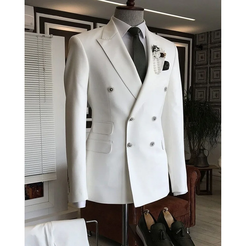 

White Wedding Men Suits Double Breasted Peak Lapel Full Set High Quality Male Clothing Luxury 2 Piece Jacket Pants Sets Terno