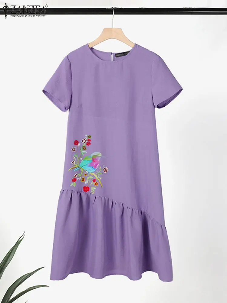 ZANZEA-vestido Midi informal con estampado Floral para Mujer, traje holgado elegante de manga corta con cuello redondo y dobladillo con volantes para verano, 2024