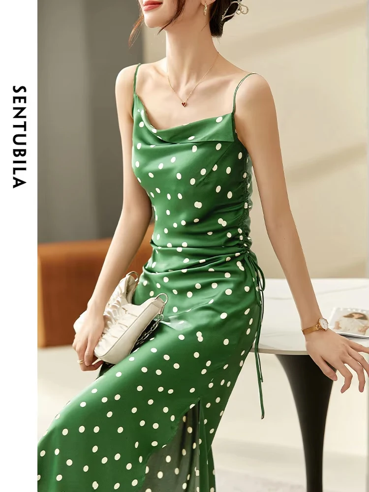 Sentubila-vestido veraniego de lunares verde para mujer, traje playero Sexy, elegante, con cordones, sin mangas, Midi, 2023