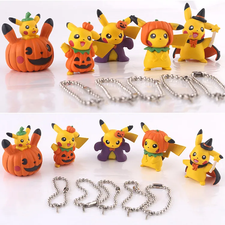 5pcs/Set Pokemon Anime Figure Bikachu Halloween Pumpkin Modeling Kawaii Action Figure  Pvc Material Can Be Used As Keychain Toys