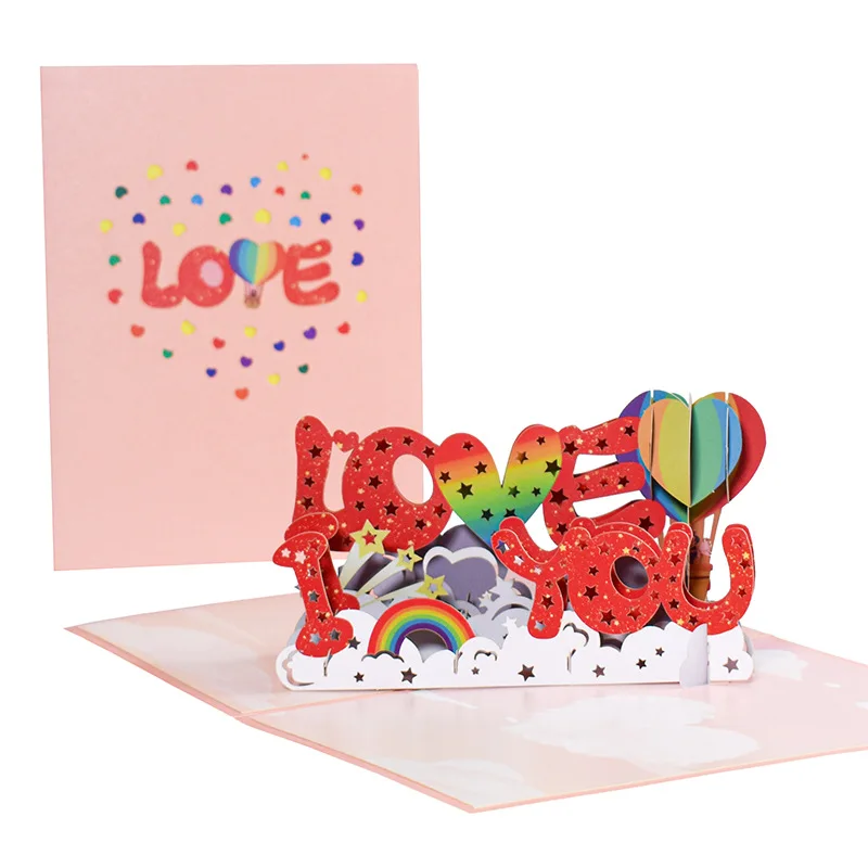 

2Pcs New Valentine's Day Greeting Card 3D Pop-Up Handcrafted Love Blessing Card Rainbow Paper Cutout I LOVE YOU