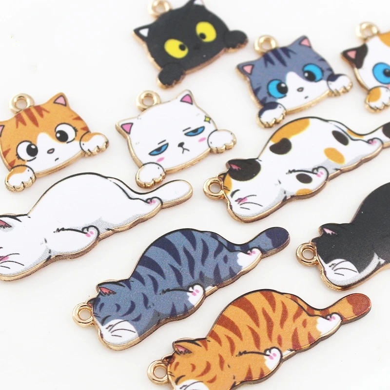 Cute Cat Metal Charm Pendant 20pcs Cartoon Animal Kitten Enamel Charms Kawaii Gold Earrings Making Accessories DIY Findings image 5