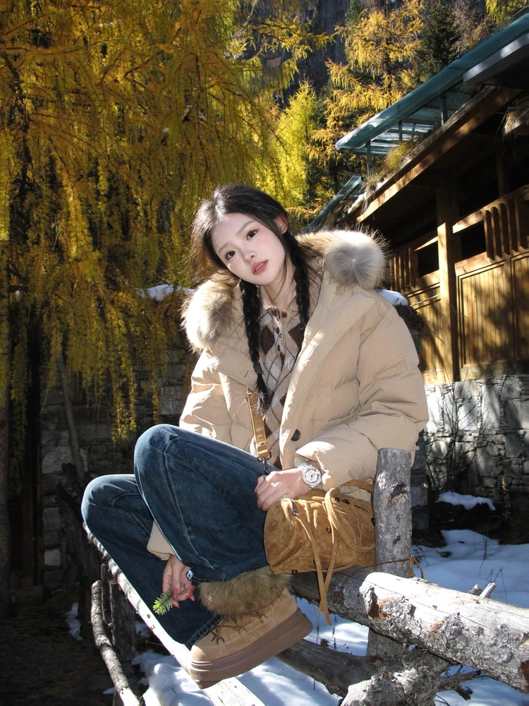 

Хлопковая куртка в американском стиле ретро, женская зимняя теплая красивая парка, пальто с большим меховым воротником, корейский свободный крой