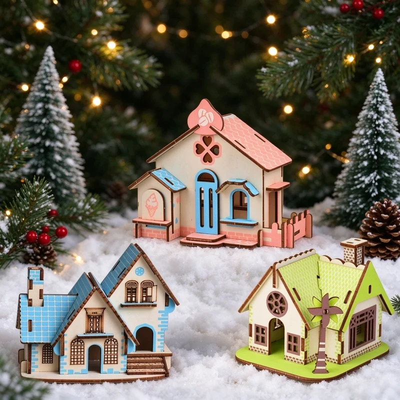 1pc Mini Wooden 3D Puzzle House Model DIY Cute Pink Blue Cottage Building Kit Handmade Jigsaw Toy for Christmas Party Craft Gift