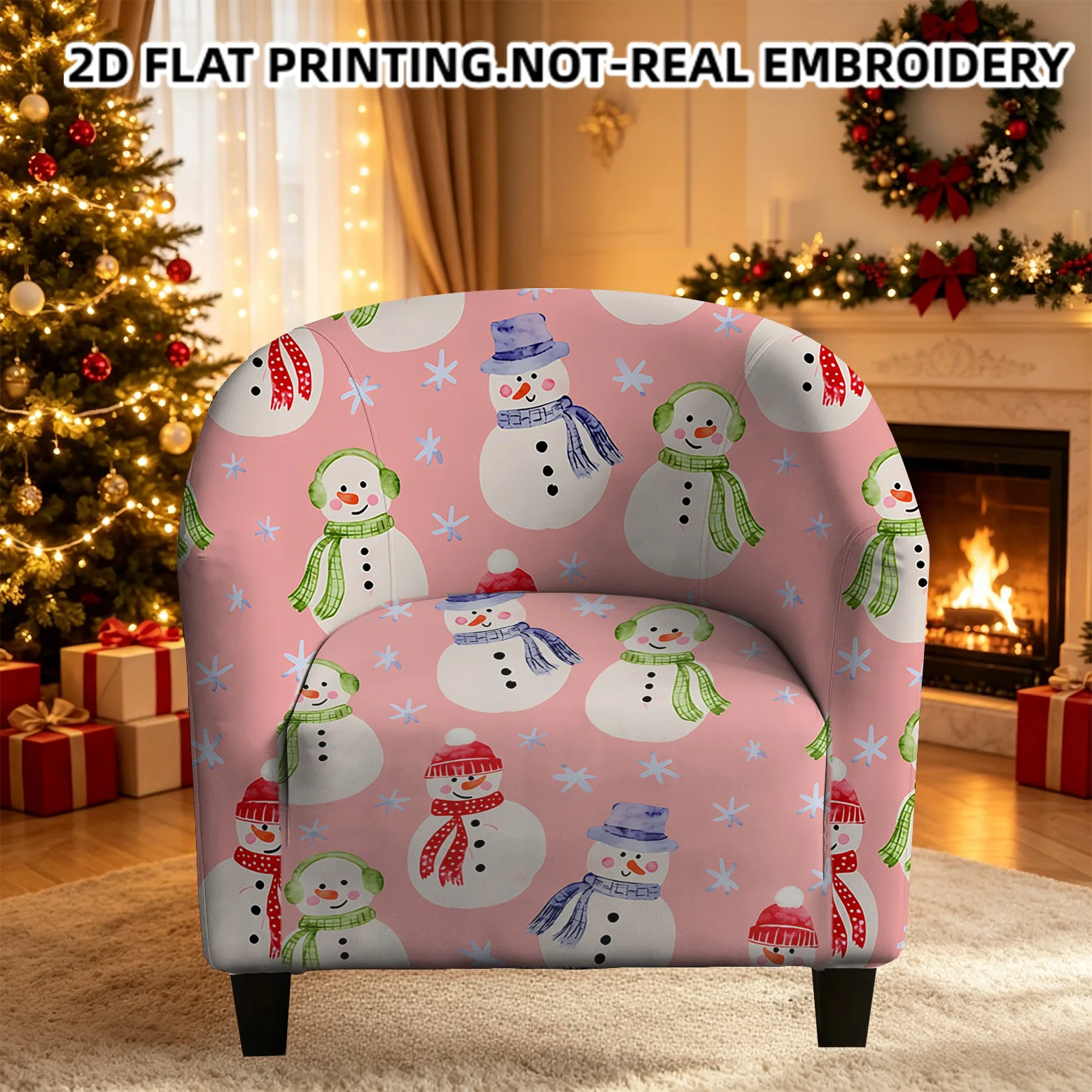 Seamless Adorable Christmas Snowman Black Cat Bow Printed Armrest Sofa Cover, 2D Printed Elastic Single Club Holiday Sofa Cover