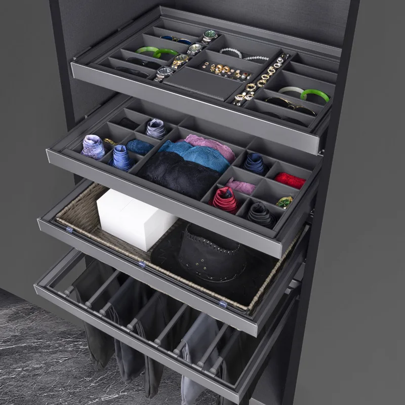 Wardrobe pull-out basket drawer cabinet interior telescopic trouser rack hanger built-in slide rail cloakroom pull-out basket