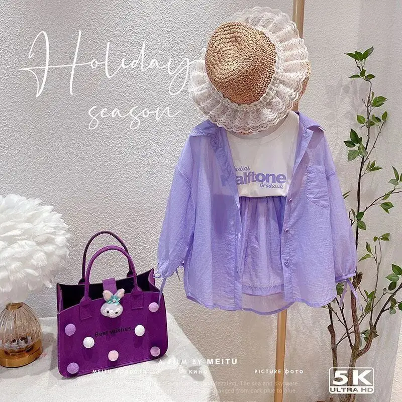 Sommer-Outfit-Set für Mädchen, koreanische Version, neue lockere, bonbonfarbene Jacke für Kinder, T-Shirt-Shorts, Sonnenschutz, 3-teiliges Set