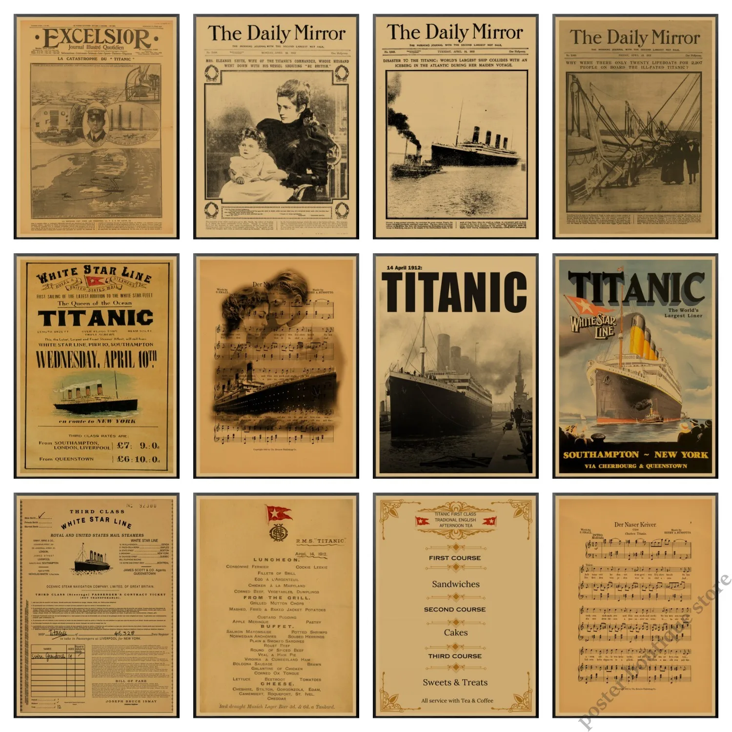 The New York Times Titanic Shipwreck Old Newspaper ,steamer ticket ,Retro Kraft Paper Poster Wall Decorative Paintings