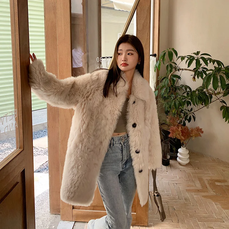 Fur Coat Women's Mid-Length Thickened WarmFur Integrated Autumn and Winter Young Style Solid Color Fashion Loose Single-Breasted