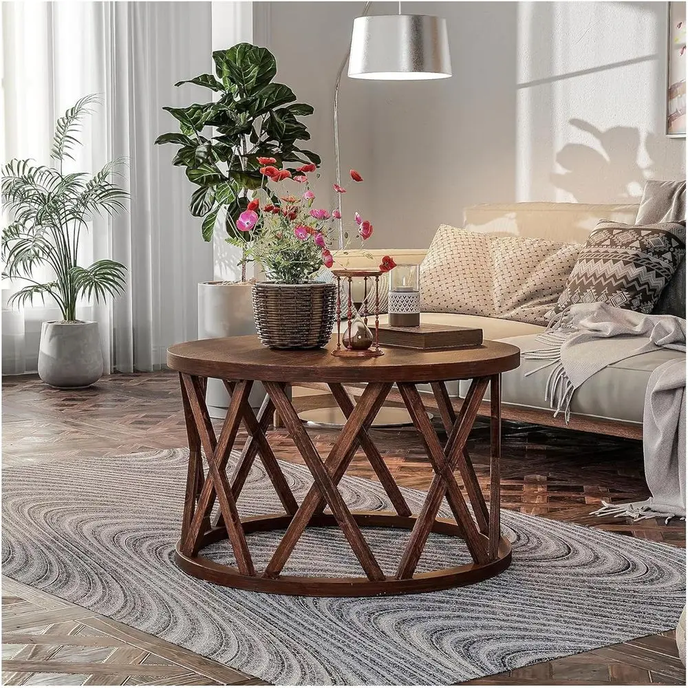 Rustic Wooden Round Coffee Table with X-Shaped Metal Legs, Brown, 32 Diameter, 19.5 High, 50 lbs, Easy Assembly, Living Room Sto