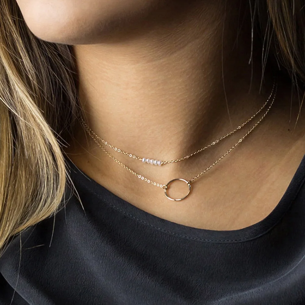 14K Gold Plated Stainless Steel Layered Necklaces For Women 5 Faux Pearl Beads Textured Hammered Open Circle Pendant Necklace