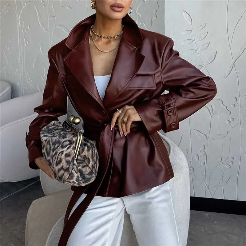 Retro PU Leather Lapel Short Jacket Women Autumn 2025 Shoulder Waist-cinching Brown Jackets with Belt Female Street Outwear