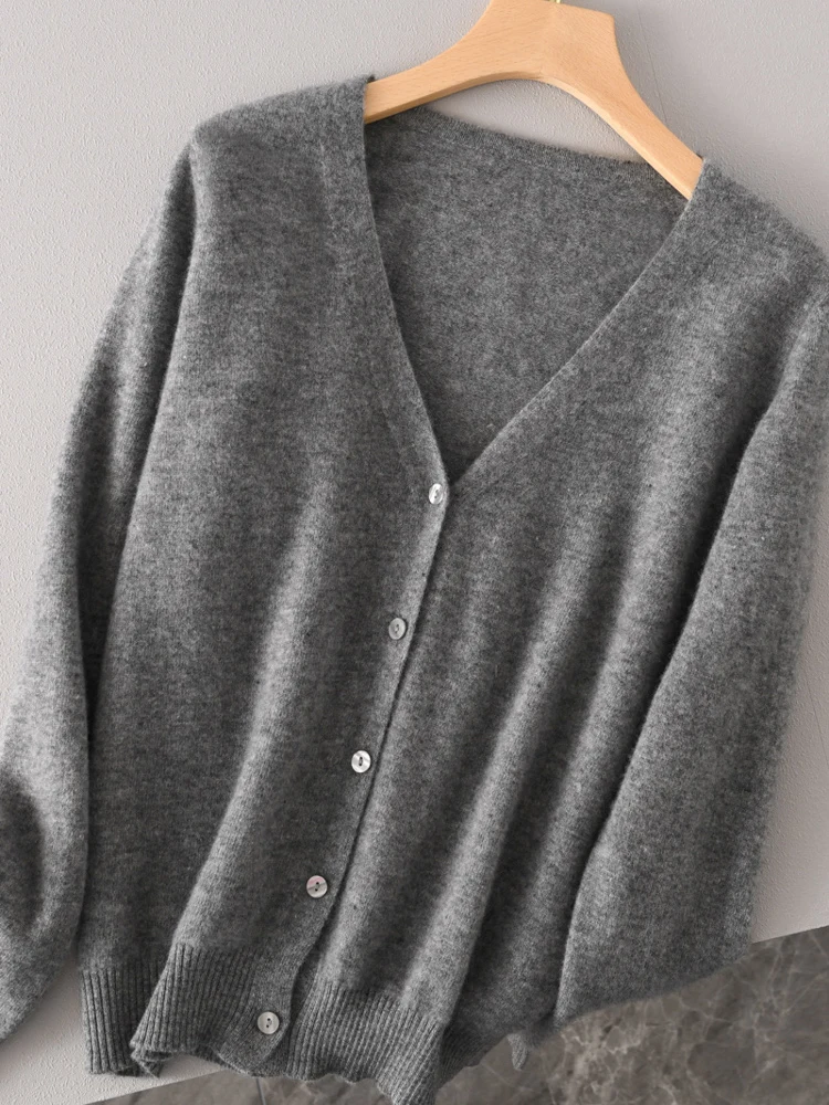 الخريف الشتاء النساء 100% ميرينو الصوف تريكو سترة سترة الخامس الرقبة سترة الكشمير المعنقة لينة الأساسية طويلة الأكمام بلايز #5