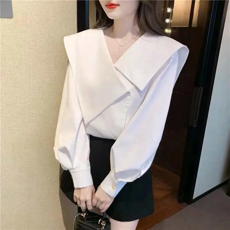 

Fashion V-Neck Irregular Lantern Sleeve Blouses Female Clothing 2023 Autumn Winter Sweet Tops Solid Color Asymmetrical Shirts