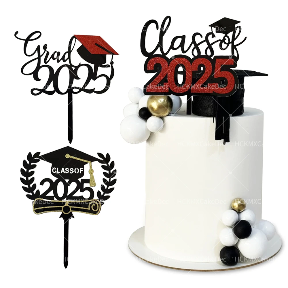 Red Black Acrylic Cake Topper Congratulate 2025 Graduation Season Cake Topper for Graduation Ceremony Cake Dessert Decoration