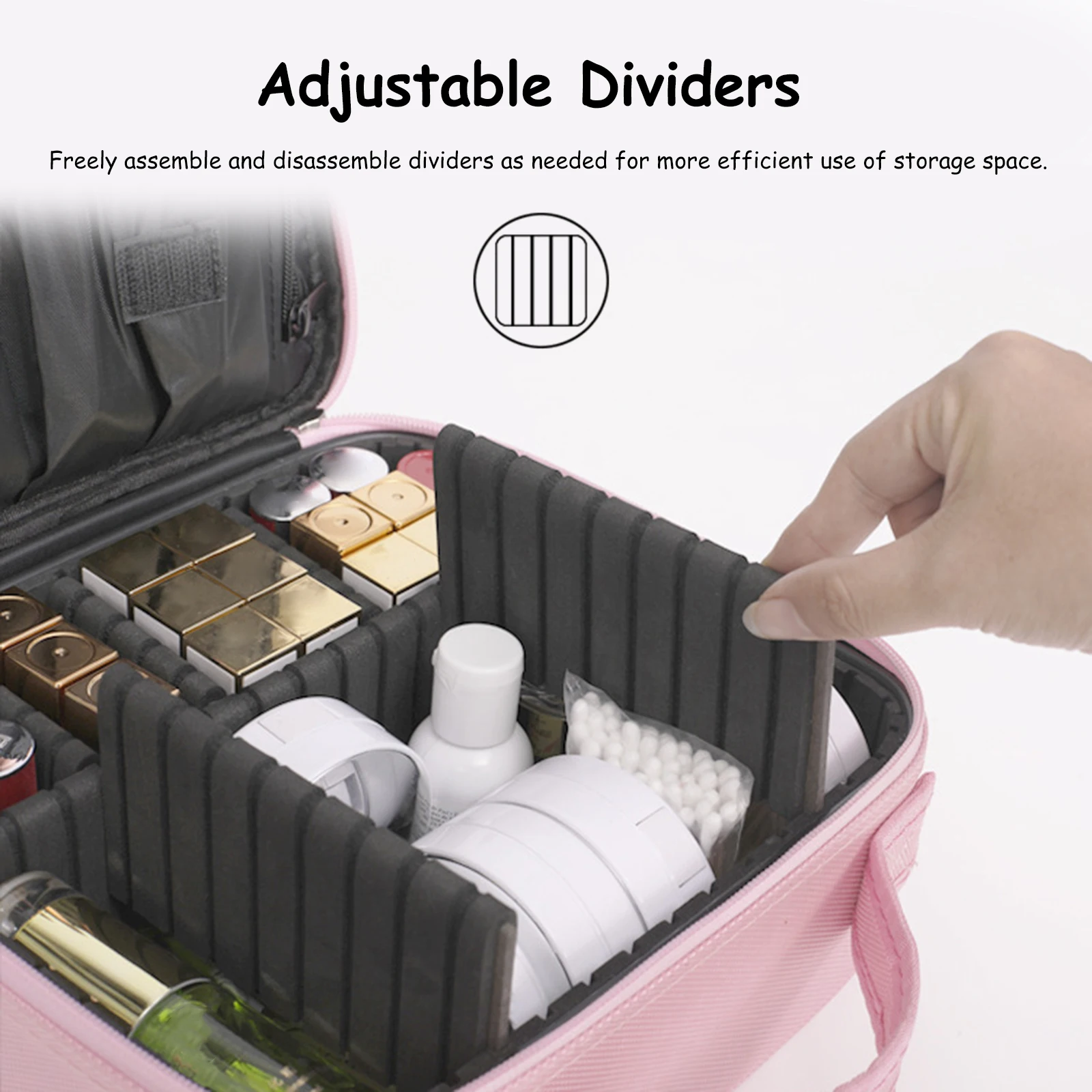 

Nylon Travel Makeup Bag with Adjustable Dividers Artist Storage Bag for Women Brushes Toiletry
