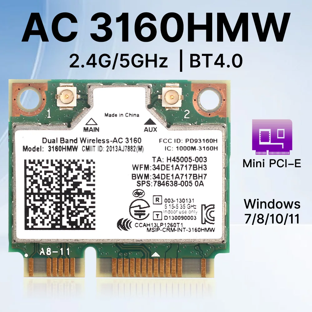 WiFi 5 Mini PCIE 3160HMW Wireless WiFi Card Dual Band 2.4G/5Ghz Bluetooth 4.0 AC3160 Laptop Card For Wireless Wlan Wifi Card