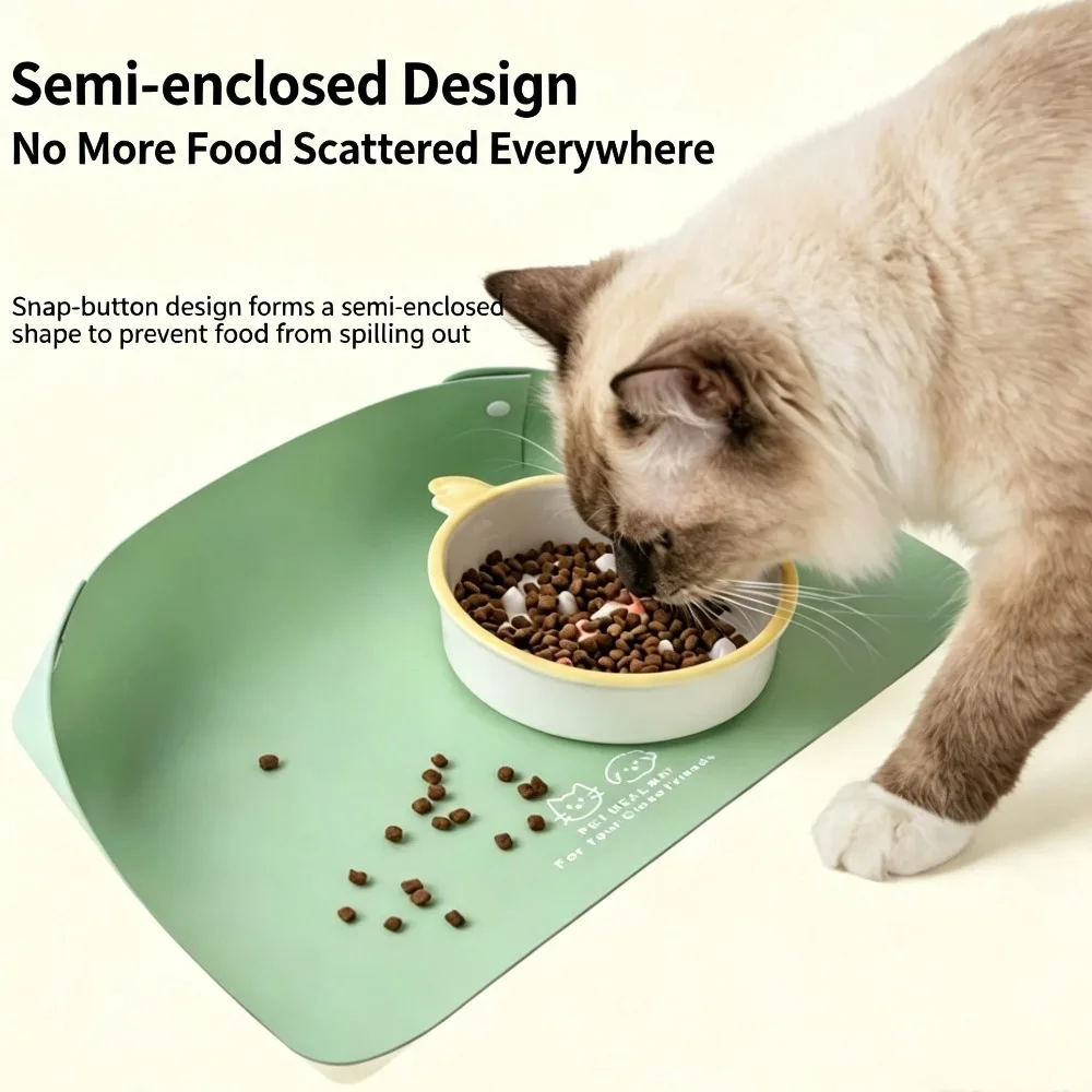 Pet Feeding Mat PU Leather Semi‑Enclosed Thick Non‑Slip Waterproof Oil‑Resistant Bowl Pad Random Color for Cat Dog Daily Eating Supplies