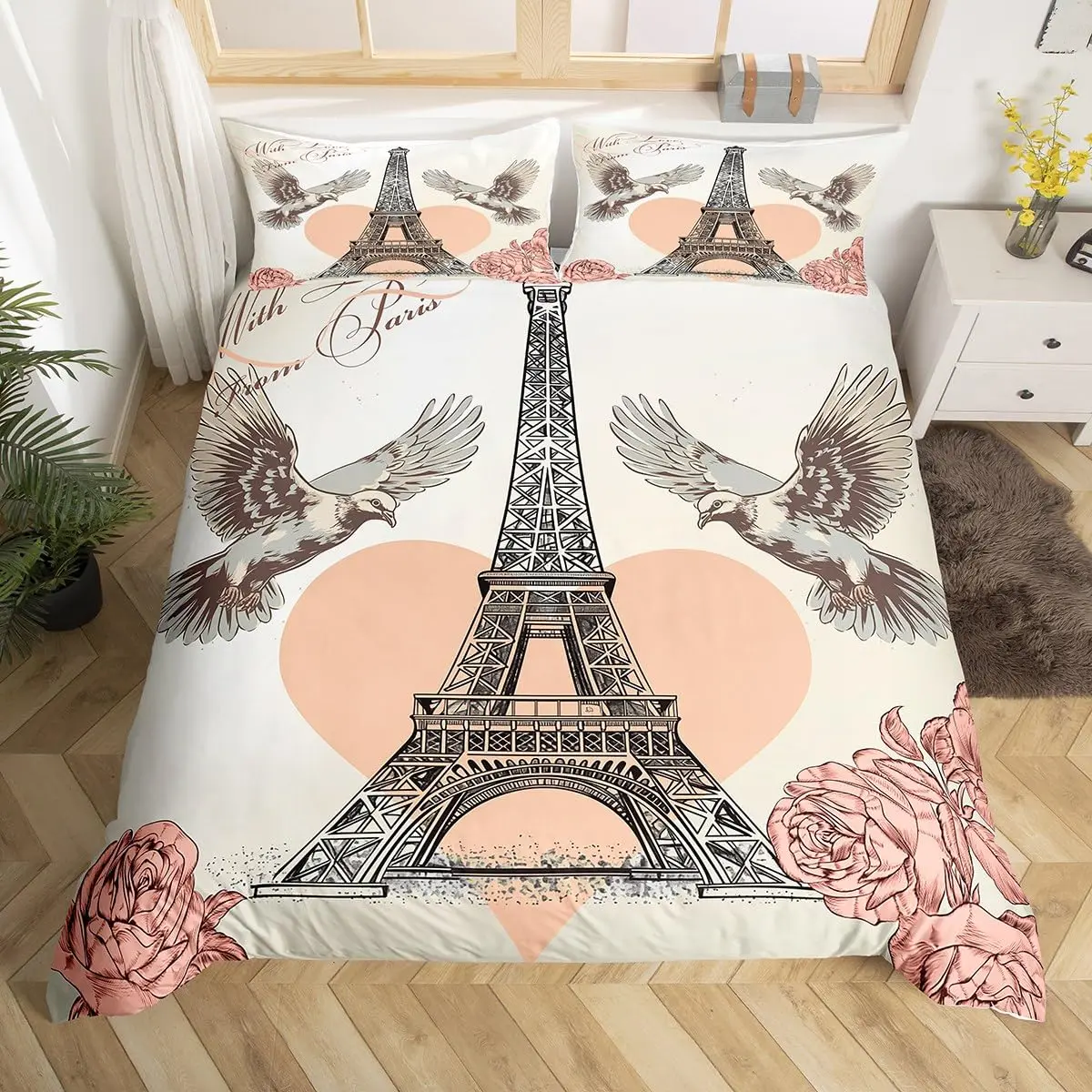 Paris Love Comforter Cover Eiffel Tower Duvet Cover for Men Women Romantic City Flower Bedding Sets for Valentine Wedding Gift