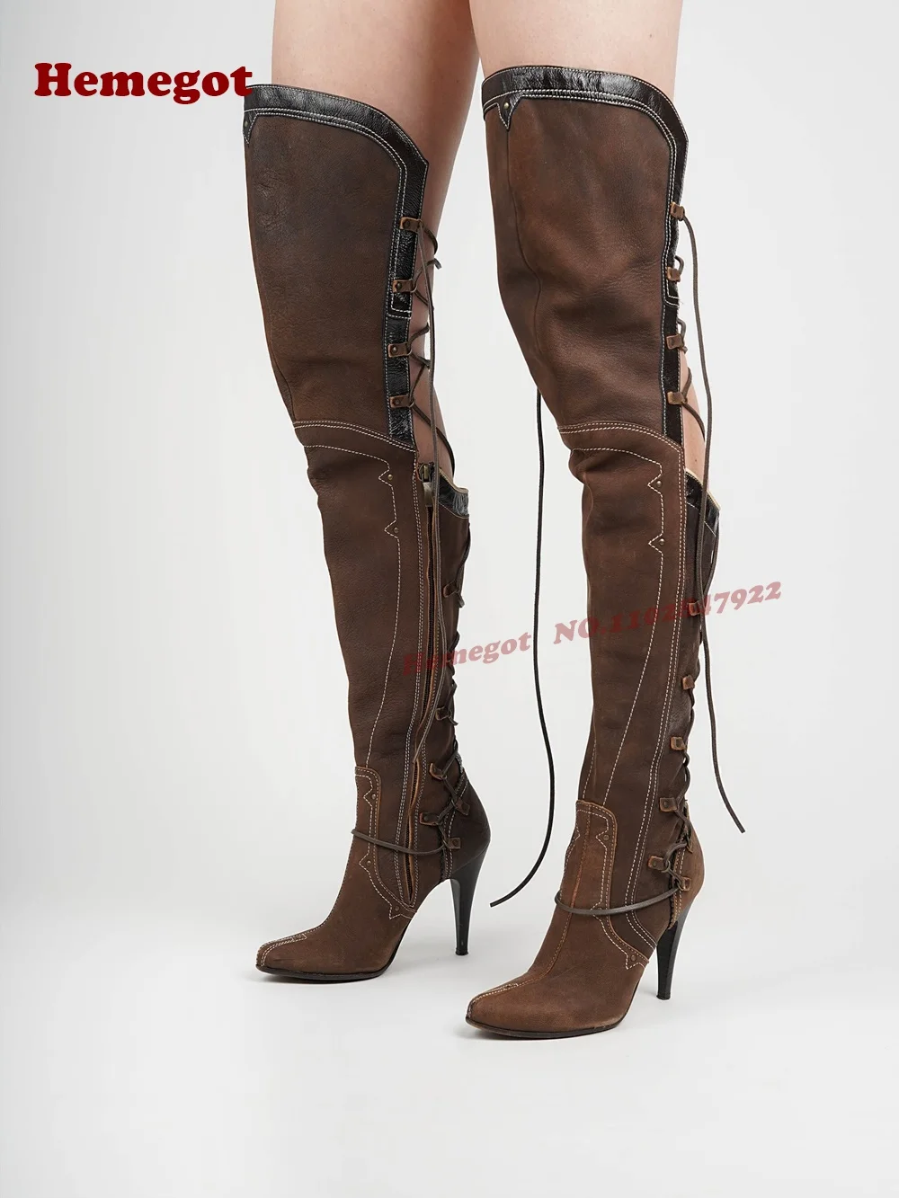

Подиумные сапоги выше колена, женские длинные сапоги на шпильке со шнуровкой и контрастной строчкой, коричневая зимняя обувь, модная обувь