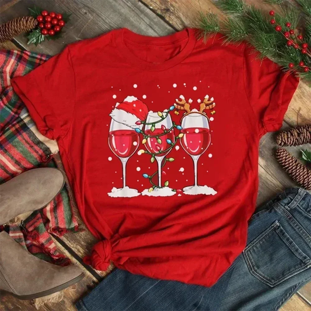 New Wine Glasses Christmas T Shirt Women\'s Fashion Funny Merry Christmas T Shirt Cute Women Graphic T-shirt Ladies Clothing Tee