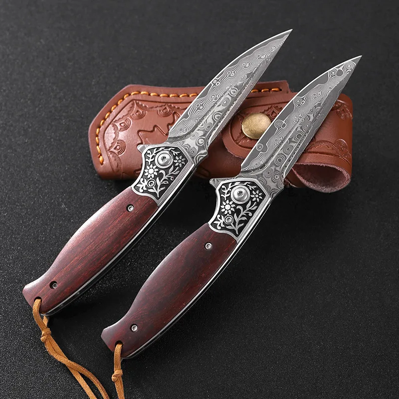 7.4 inch High Quality EDC Folding Knife with Scabbard Damascus Steel Portable Pocket Knife for Self Defense Survival Jackknife