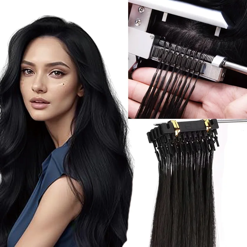 6D-2 Micro Tiny Invisible Metal Tips Hair Extensions Wholesale 5 Strands Raw Human Hair Keratin Bonds Heat-Stylable Material
