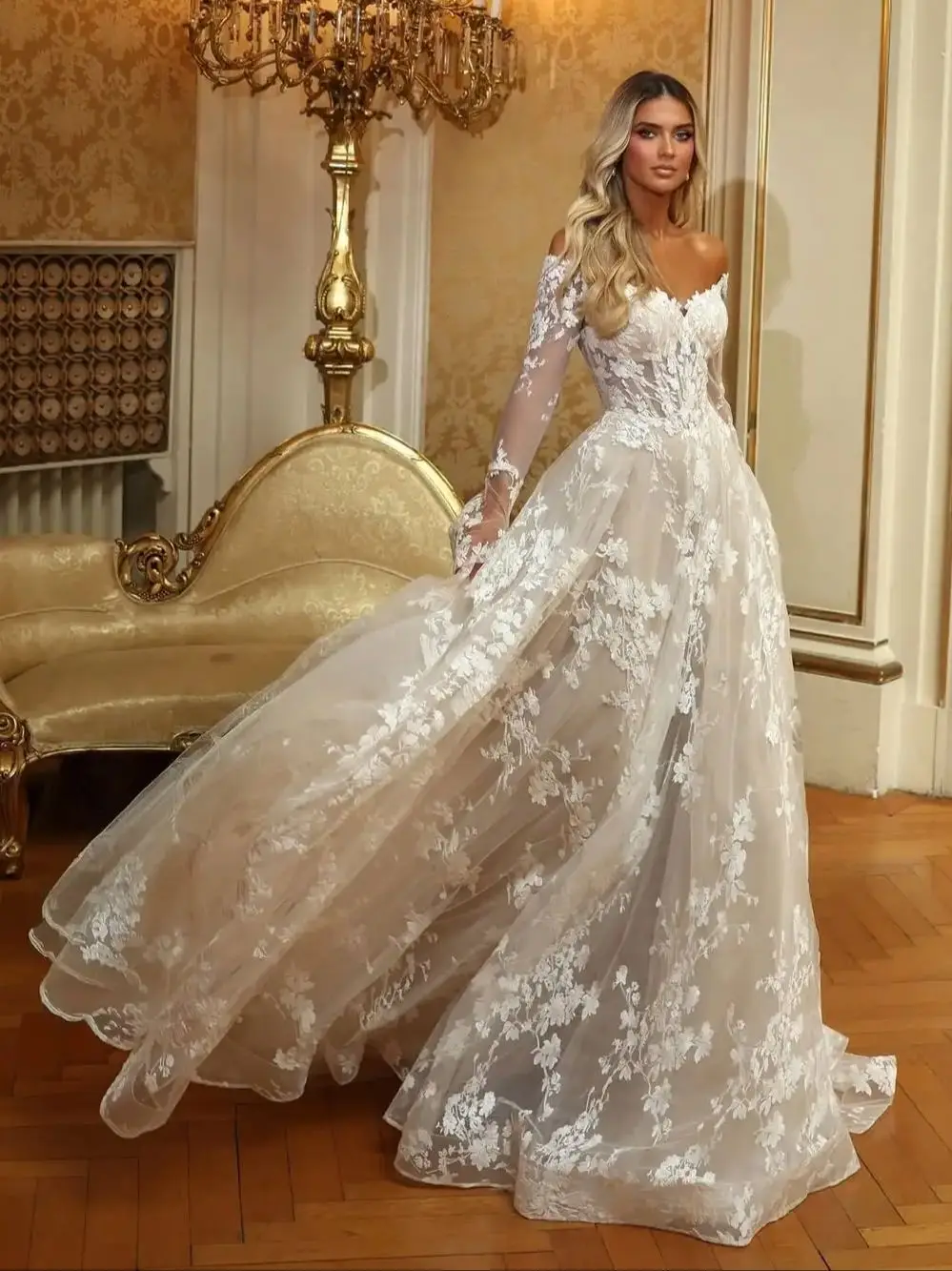 

Элегантное свадебное платье Ofherown с открытыми плечами, кружевными аппликациями, А-силуэта, из тюля, с длинными рукавами, новое, на заказ