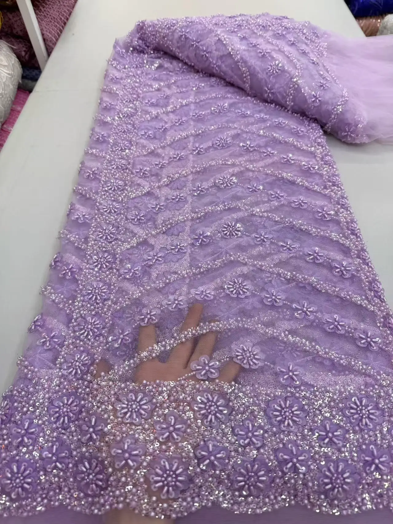 

2025 African Nigerian Sequins Embroidery Tulle Lace Fabric, Sewing Beads Stone Prom Dresses, High Quality, 5Yards, JY409