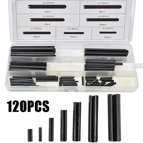 Imagen 1 del producto Juego de pasadores de rollo de piezas, pasadores cilíndricos elásticos de acero al carbono, pasador de posicionamiento hueco, Kit surtido de pasadores de resorte ranurados, 120