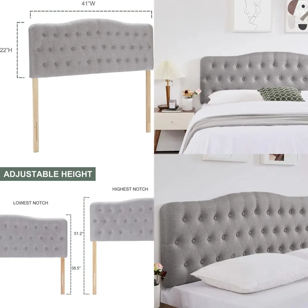 

Twin Upholstered Bed with Adjustable Height, Button-Tufted Linen Fabric, Modern Grey Style