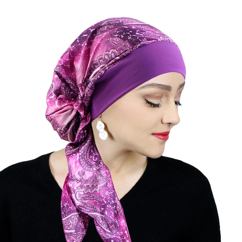 Women Satin Printed Turban Hat Stretch Wide-brimmed Nightcap Fashion Pre-tie Turban Wrap Head Cap Casual Durag Pirate Hat