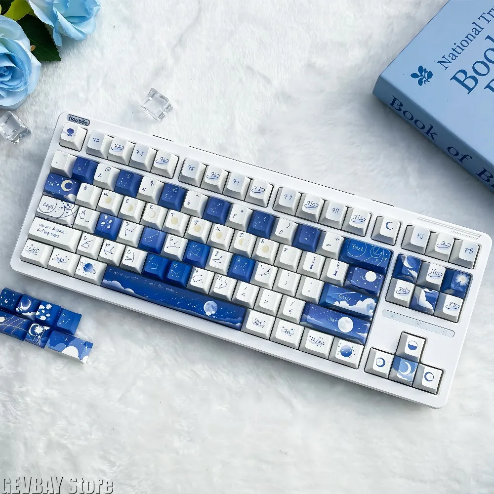Starry Sky Theme Cute Keycaps PBT Cherry Profile 120 Keys Blue Full Set for Made68 Mad68 Wooting 60 Mechanical Keyboard Keycaps
