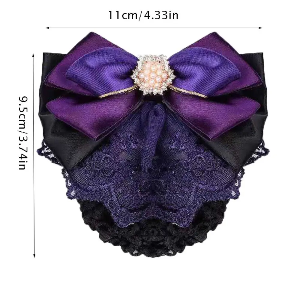 Rhinestone Bowknot Spring Clip Elegant Korean Style Ribbon Hair Net Cover Hair Accessories Pearl Bun Snood Bank