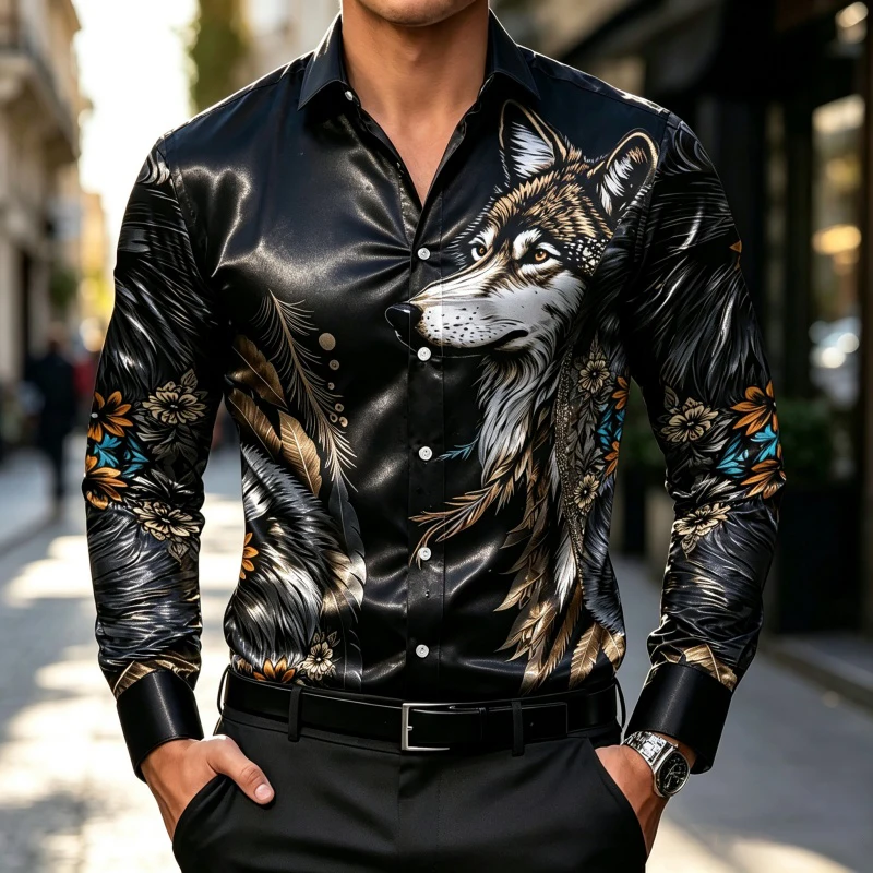 Men Long Sleeve Shirt Black Wolf Head Floral Feather Print Turn Down Collar Button Up Autumn Winter Daily Casual Men's Clothing