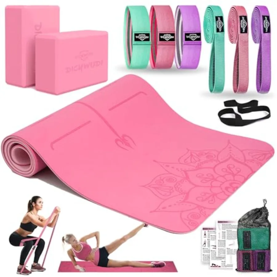 Home workout starter kit: thick yoga mat, 6 fabric resistance bands, 2 yoga blocks non-slip, eco-friendly TPE, black for full-b