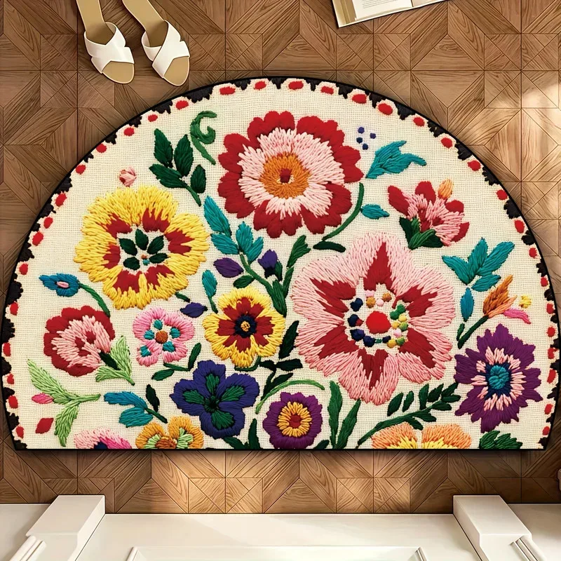VIKAMA Semi-Circular Floral Welcome Mat, 2D Color Floral Print Doormat, Suitable for Indoor/Outdoor Entrances, Home Decor