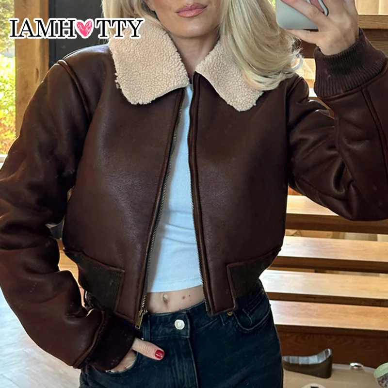 

IAMHOTTY Pu Leather Plush Jacket Brown Turn-down Collar Zipper Down Coat Winter Chic Elegant Thick Cardigan Ladies Outerwear