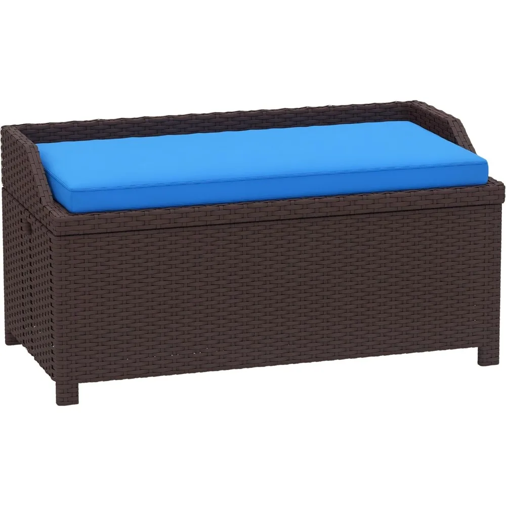 

outdoor wicker storage bench deck box, pe rattan patio furniture pool storage bin container with interior waterproof cloth bag