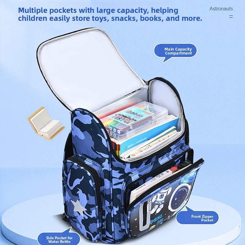 Waterproof Elementary School Backpack for Boys Camouflage Space Theme Children's Bookbag Rucksack Casual Minimalist Style