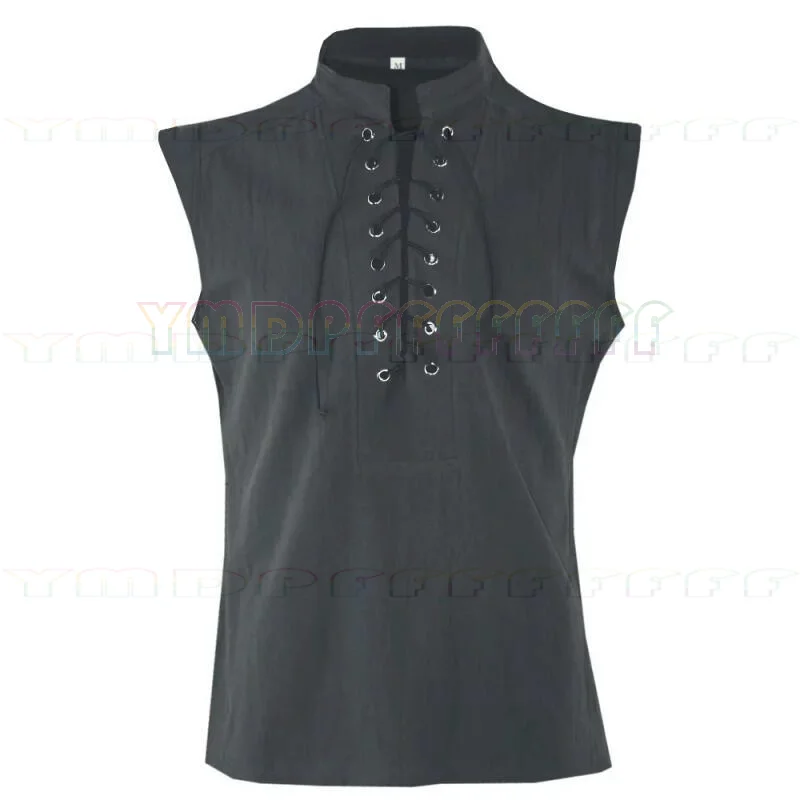 Medieval Renaissance warrior knight costume 5-color long robe shirt top sleeveless T-shirt lace up design shirt loose Halloween view 3