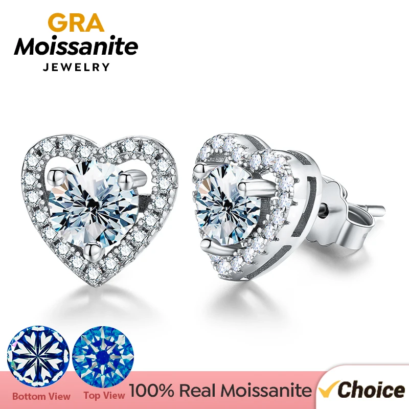 GRA 0.5CT D Color Moissanite Diamond Unusual Heart Halo Stud Earrings for Women 925 Sterling Silver Wedding Luxury Fine Jewelry