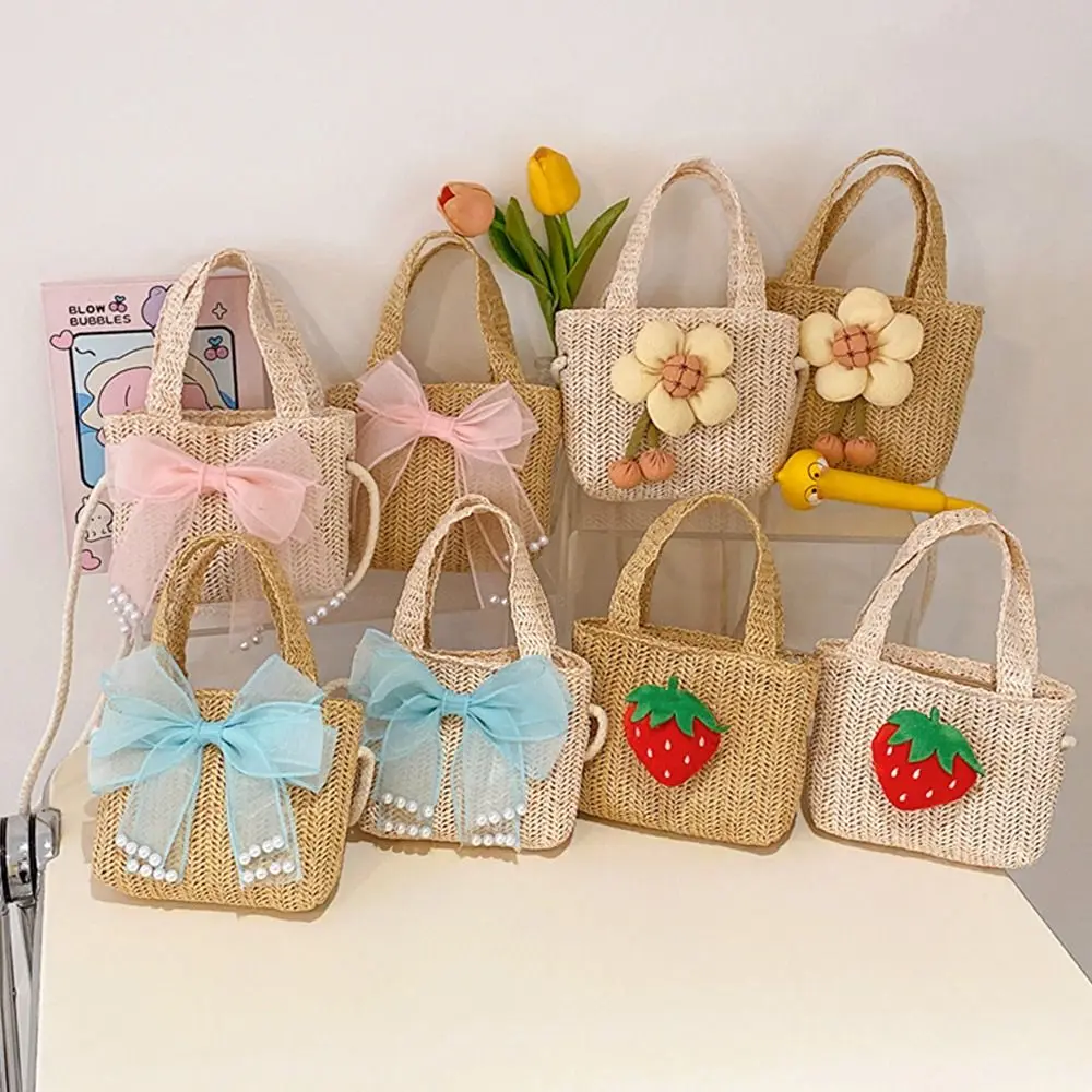 

Girl Mesh Bow Straw Bag Cute Handmade Woven Zipper Storage Basket Photo Props Coin Purse Crossbody Handbag