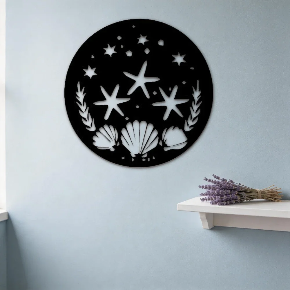 CIFBUY Wrought Iron Starfish Ocean Wall Decor Nautical Seaside Marine Round Metal Art, Black Cutout Hanging Ornament for Bathroo