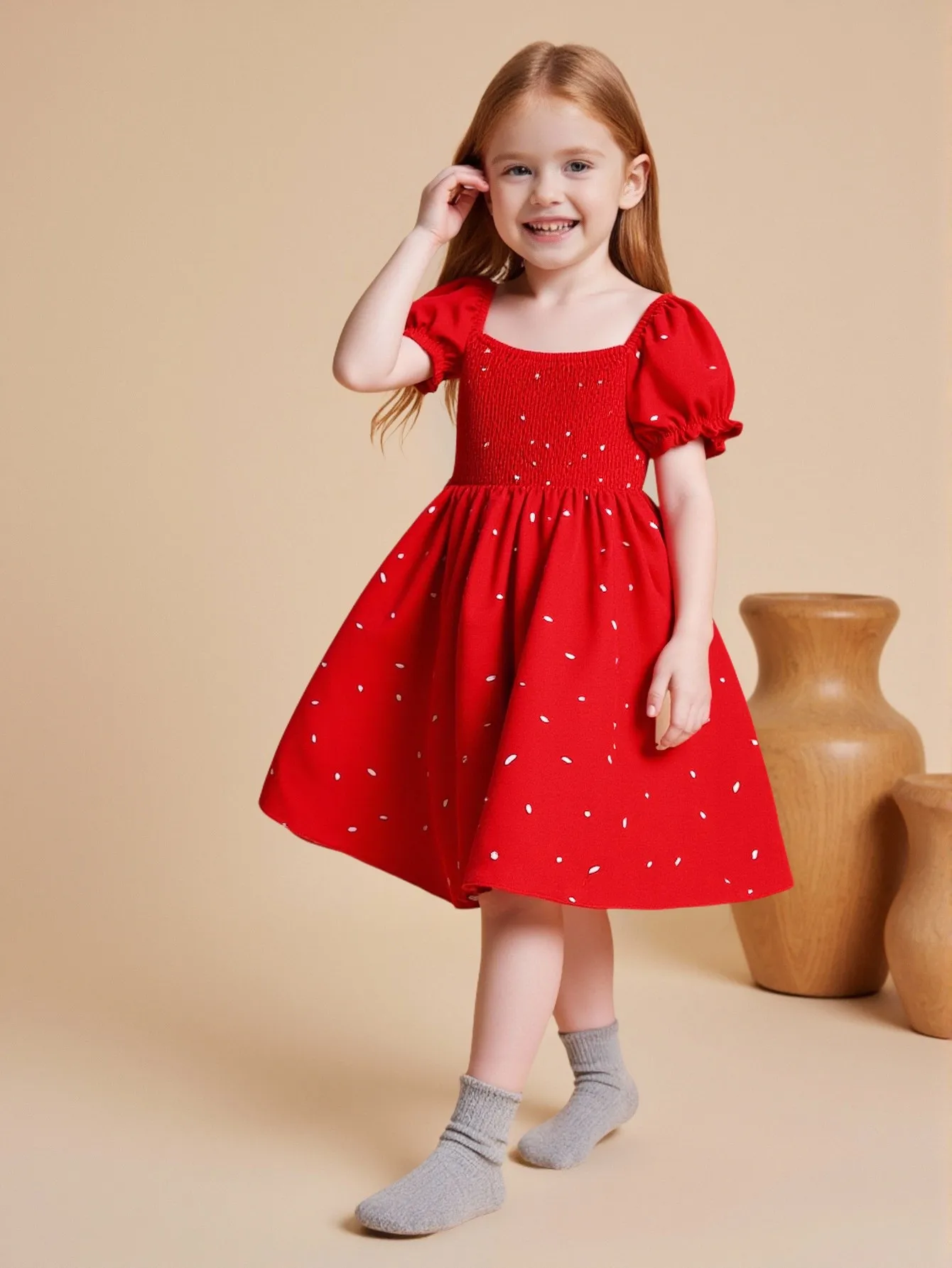Sweet Casual Red Lace Dress for Little Girls Square Neck Short Sleeve Summer Fashion Suitable for 4-7 Years Old