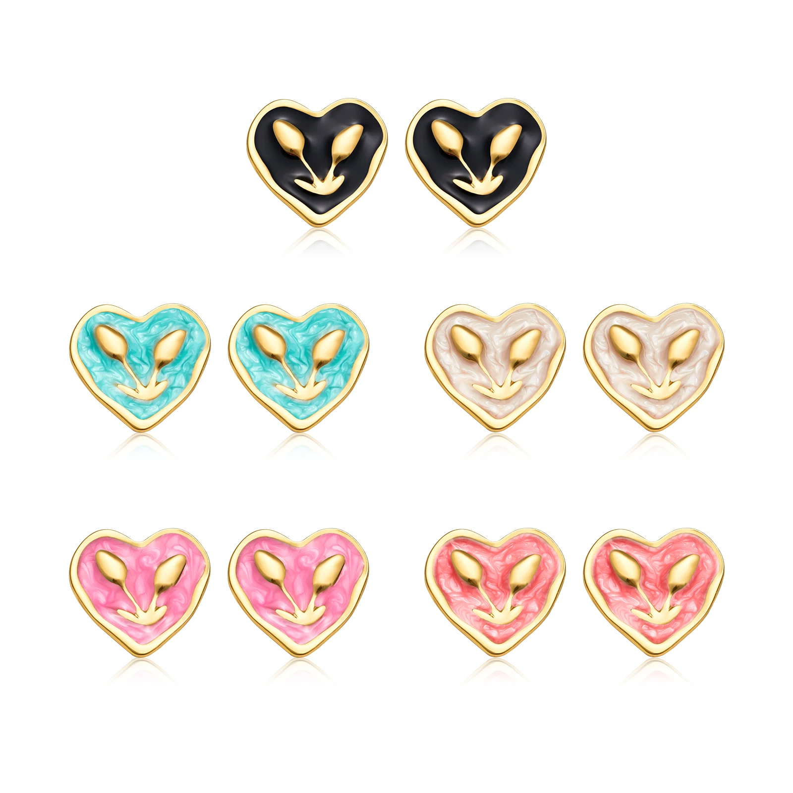 A Pair Unique Gold Alien Stud Earrings Jewelry Colorful Marble Resin Heart with Hidden UFO Face Stainless Steel Gift for Women