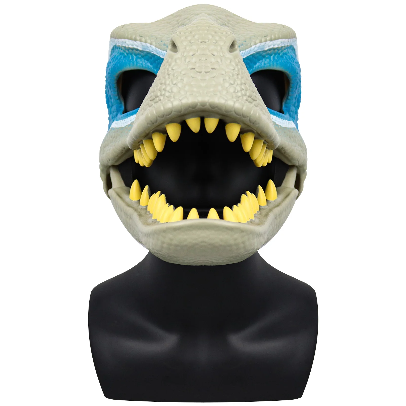 3D Dinosaur Mask Lifelike Raptor Dino Moving Jaw Mask High Quality PVC Headwear Halloween Children Toy Carnival Gift Grey blue