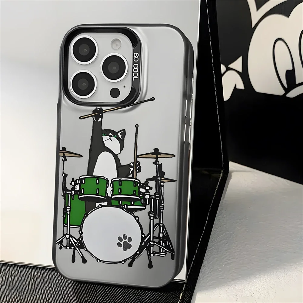 Funny Drummer Cat Phone Case for iPhone 15 16 Plus 12 13 mini 11 14 Pro Max XR Dual Layer Hard IMD Plastic Full Protection Cover