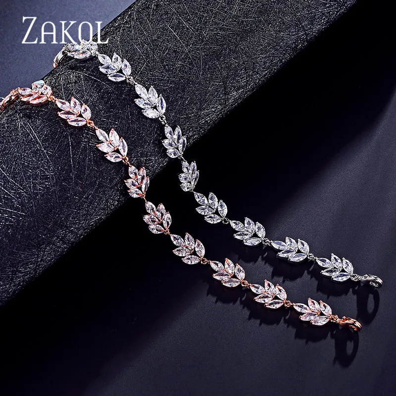 ZAKOL Luxury Cubic Zirconia Leaf Chain Bracelets for Women White Crystal Wedding Jewelry Gift BP2117